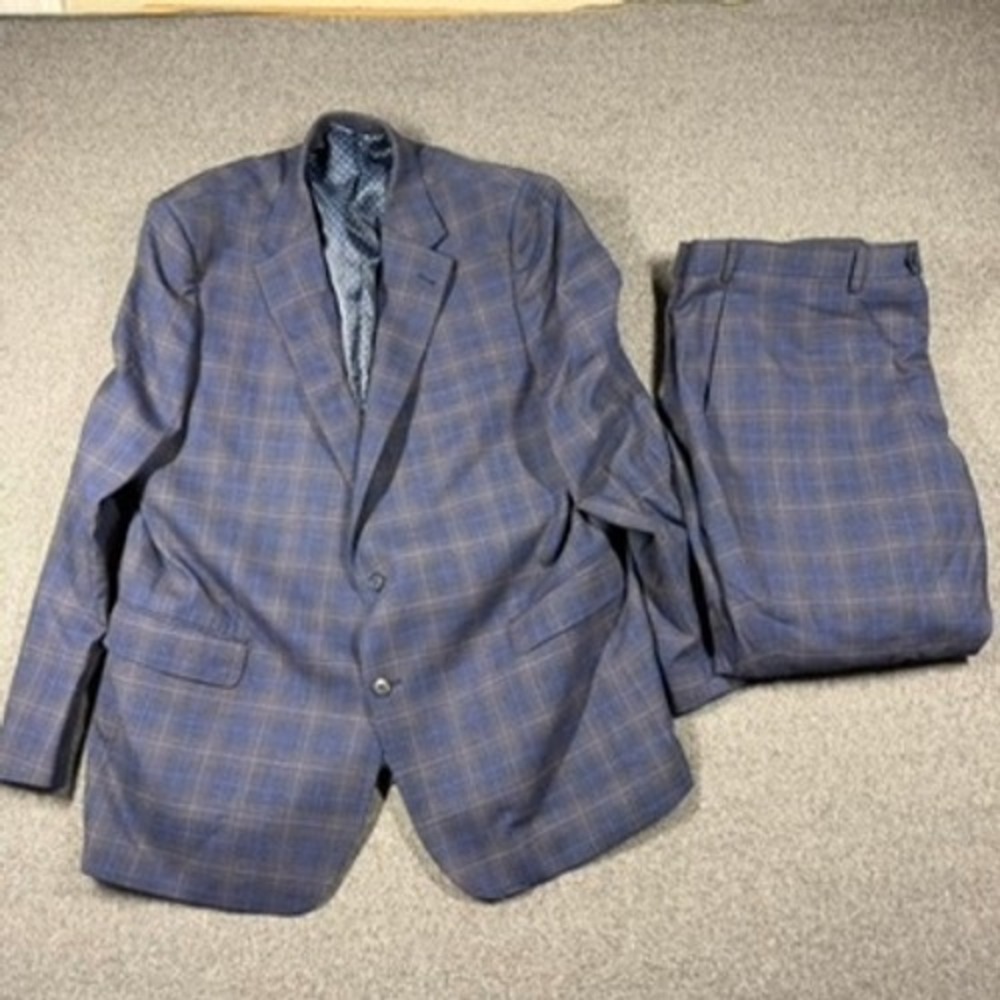 Giles & Jasper Mens Blue Plaid Wool Blend 2 Piece Suit 50L 44W 30L Blazer Pants
